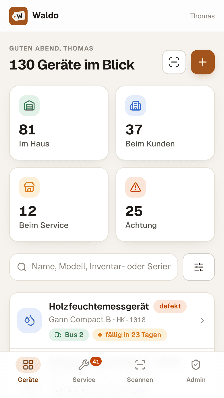 Waldo Geräteübersicht am Handy