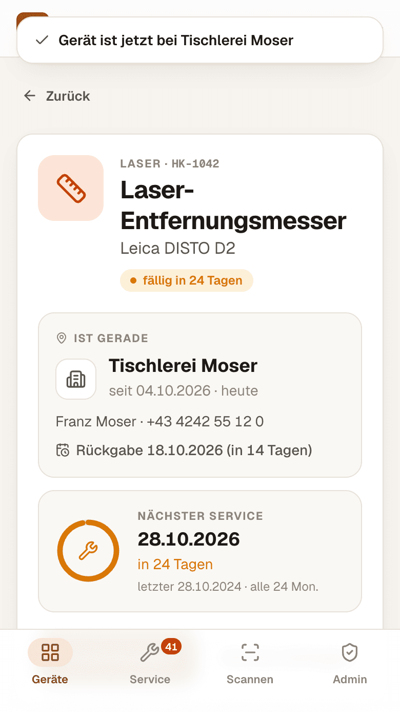 Geräteseite in Waldo: Laser-Entfernungsmesser, gerade bei Tischlerei Moser, Rückgabe in 14 Tagen